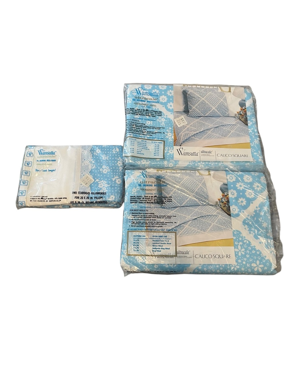 Vtg NWT OS Wamsutta Ultracale Double Fitted Flat Pillowcase Calico Blue 4PC Set